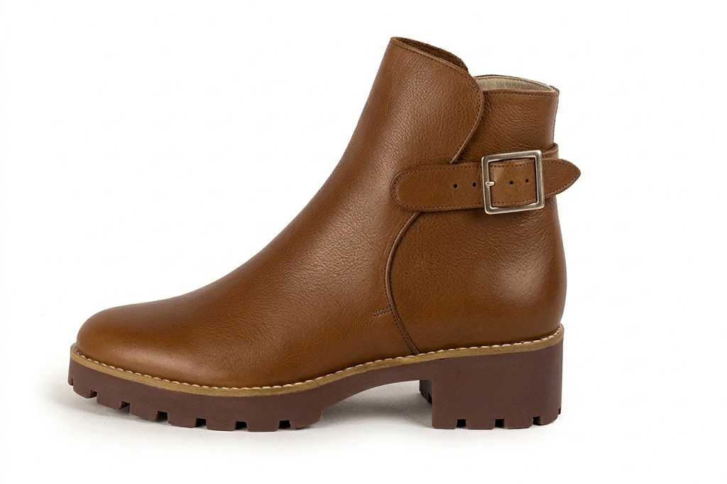 Sophisticated leather ankle boots detailed with an elegant back buckle and heel-strap finish for a distinct couture look, in cognac leather with round toe and chunky rubber lug sole - Florence KOOIJMAN